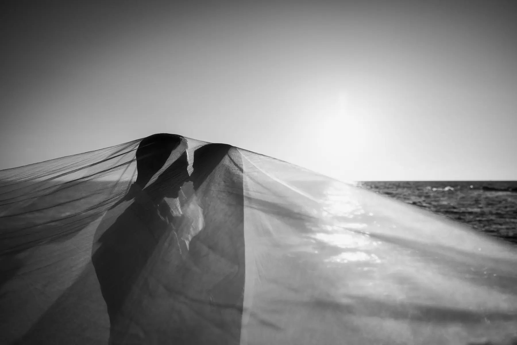 Black and white silhouette of the couple under the veil over the sea at sunset