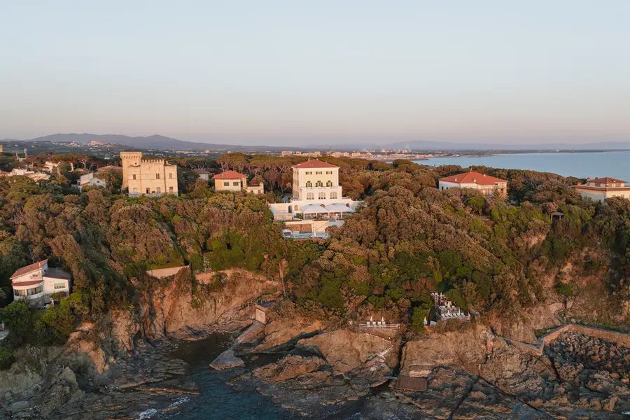 High-angle view of Villa Parisi in Castiglioncello on the headland above the sea